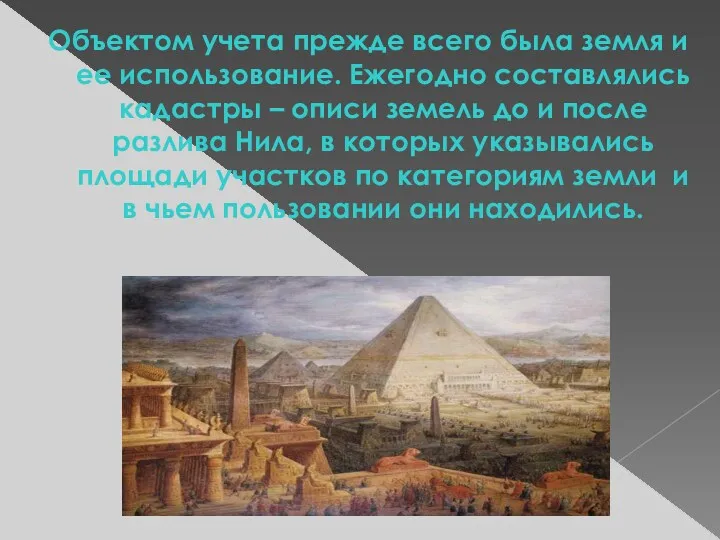 Объектом учета прежде всего была земля и ее использование. Ежегодно