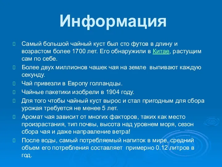 Информация Самый большой чайный куст был сто футов в длину