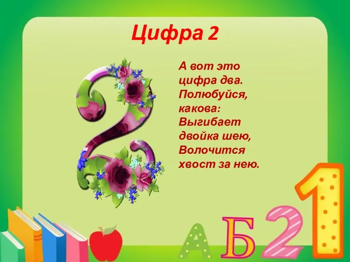 Цифра 2 А вот это цифра два. Полюбуйся, какова: Выгибает двойка шею, Волочится хвост за нею.