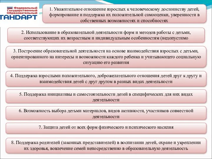 1. Уважительное отношение взрослых к человеческому достоинству детей, формирование и поддержка их положительной