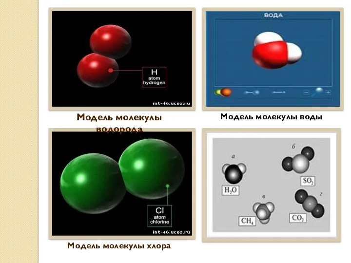 Модель молекулы водорода Модель молекулы хлора Модель молекулы воды