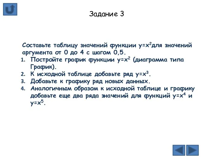 Составьте таблицу значений функции y=x2для значений аргумента от 0 до