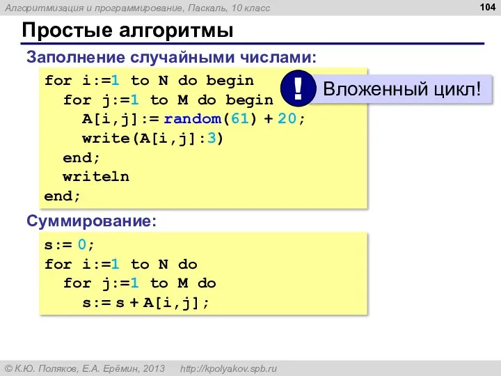 Простые алгоритмы Заполнение случайными числами: for i:=1 to N do