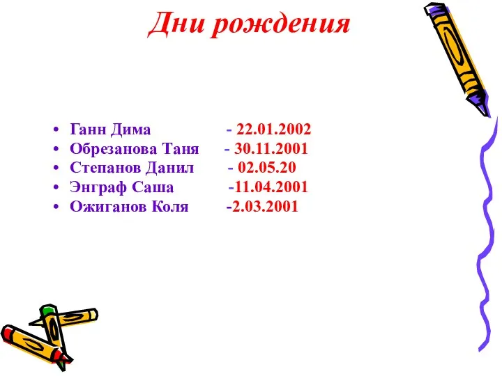 Дни рождения Ганн Дима - 22.01.2002 Обрезанова Таня - 30.11.2001 Степанов Данил -