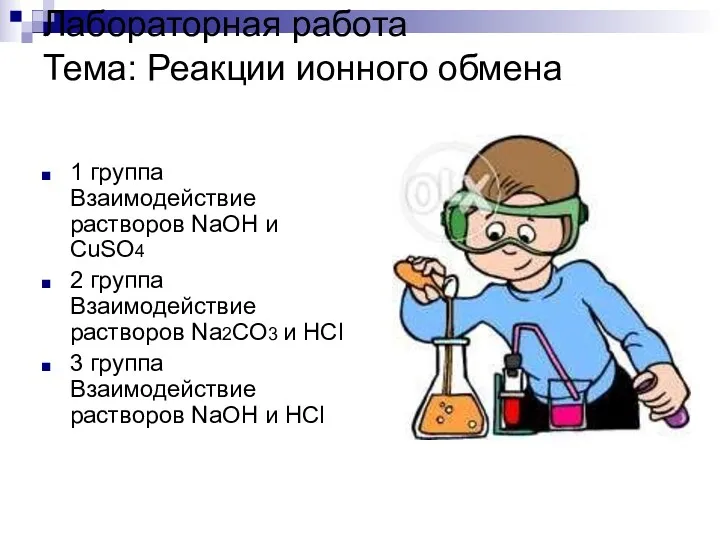 Лабораторная работа Тема: Реакции ионного обмена 1 группа Взаимодействие растворов