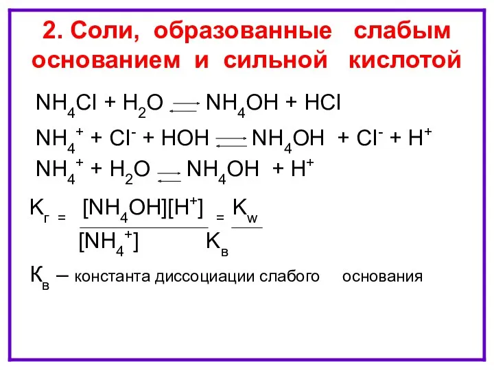 ГИДРОЛИЗ ПО КАТИОНУ NH4CI + H2O NH4OH + HCI NH4+