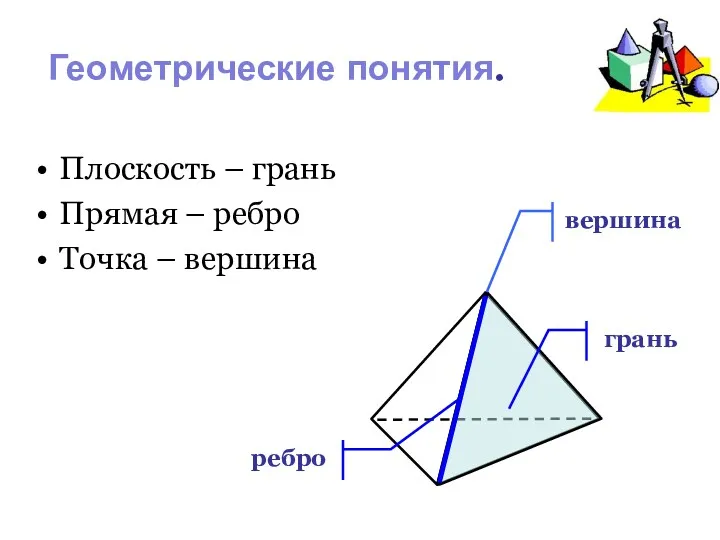 Геометрические понятия. Плоскость – грань Прямая – ребро Точка – вершина вершина грань ребро