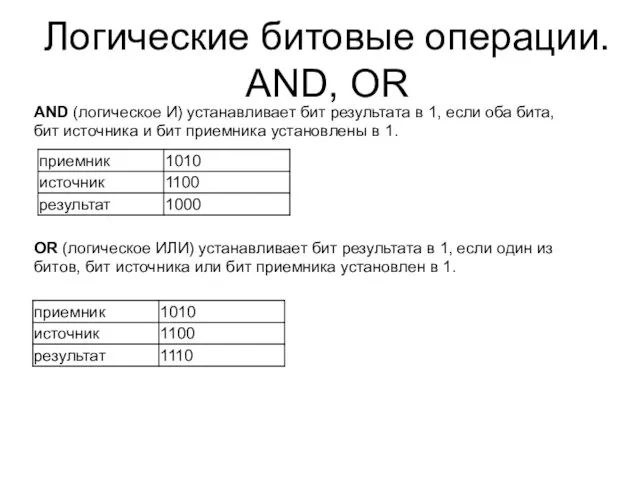 Логические битовые операции. AND, OR AND (логическое И) устанавливает бит