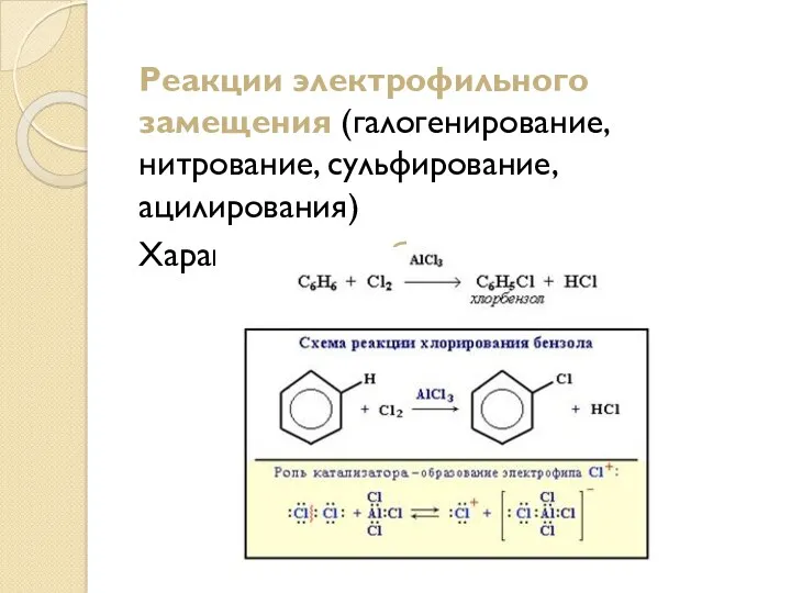 Реакции электрофильного замещения (галогенирование, нитрование, сульфирование, ацилирования) Характерны для бензола.