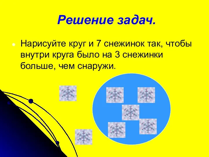 Решение задач. Нарисуйте круг и 7 снежинок так, чтобы внутри круга было на