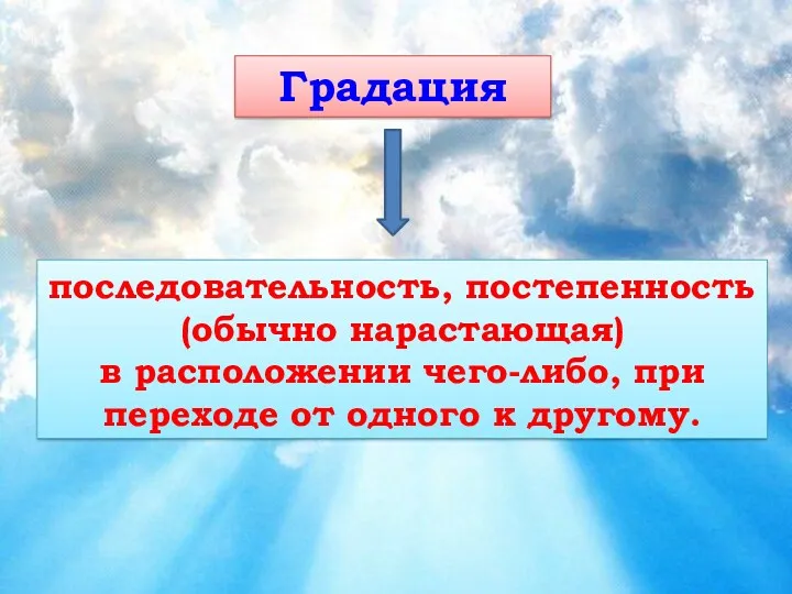 последовательность, постепенность (обычно нарастающая) в расположении чего-либо, при переходе от одного к другому. Градация