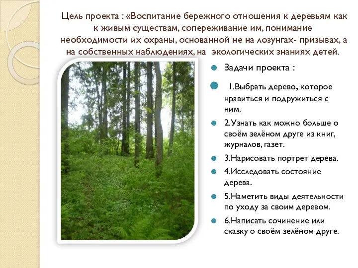 Цель проекта : «Воспитание бережного отношения к деревьям как к живым существам, сопереживание