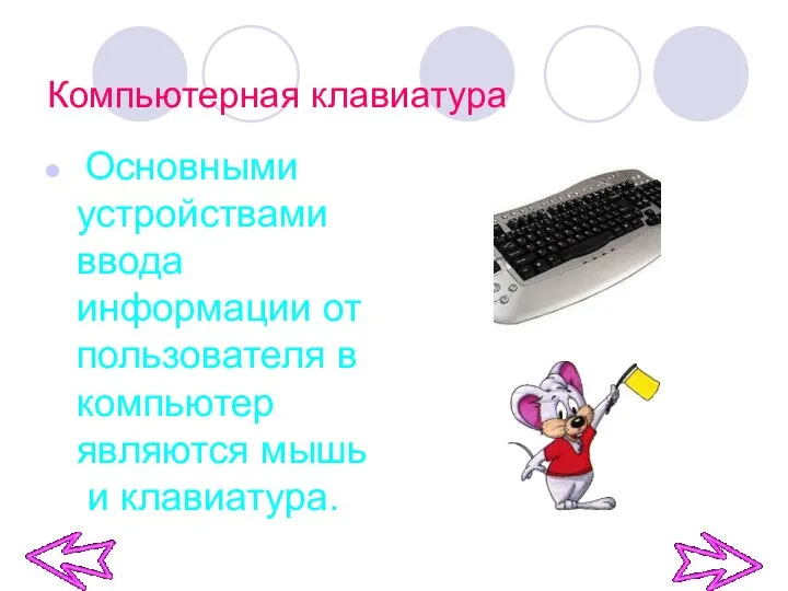 Компьютерная клавиатура Основными устройствами ввода информации от пользователя в компьютер являются мышь и клавиатура.