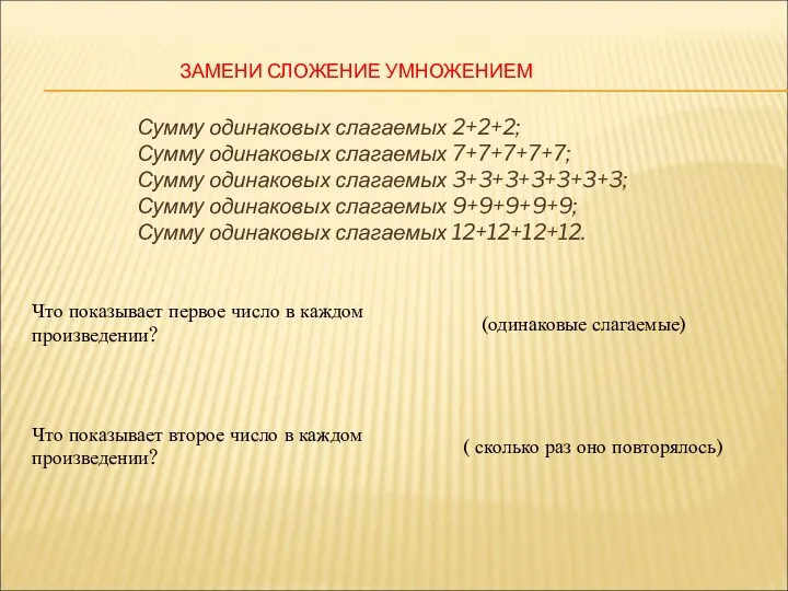 ЗАМЕНИ СЛОЖЕНИЕ УМНОЖЕНИЕМ Сумму одинаковых слагаемых 2+2+2; Сумму одинаковых слагаемых