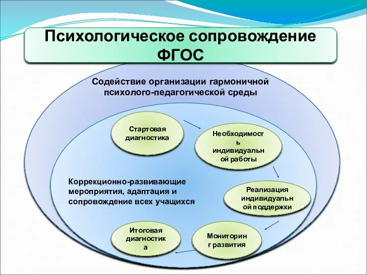 Содействие организации гармоничной психолого-педагогической среды Коррекционно-развивающие мероприятия, адаптация и сопровождение