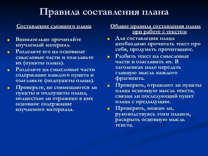 Правила составления плана Составление сложного плана Внимательно прочитайте изучаемый материал.