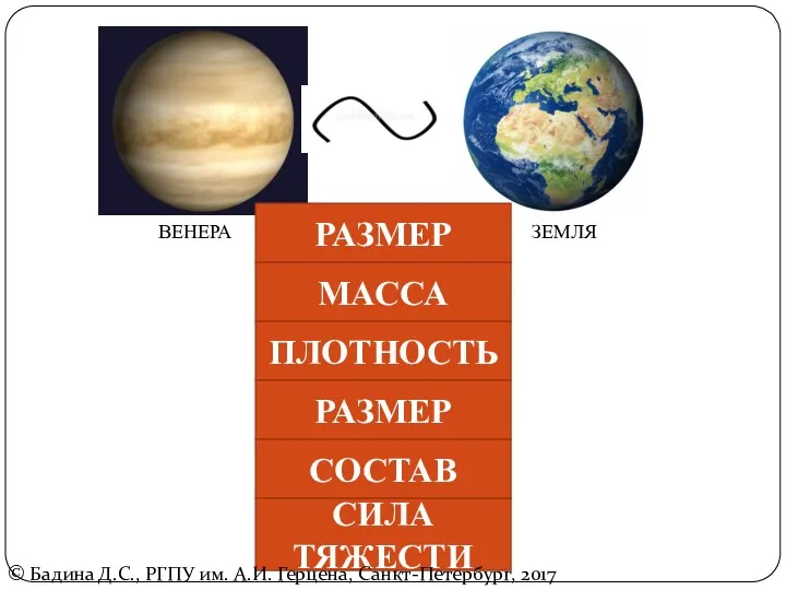 РАЗМЕР МАССА ПЛОТНОСТЬ РАЗМЕР СОСТАВ СИЛА ТЯЖЕСТИ ВЕНЕРА ЗЕМЛЯ ©