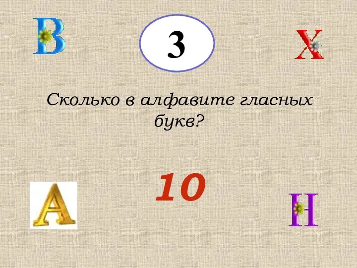 3 Сколько в алфавите гласных букв? 10