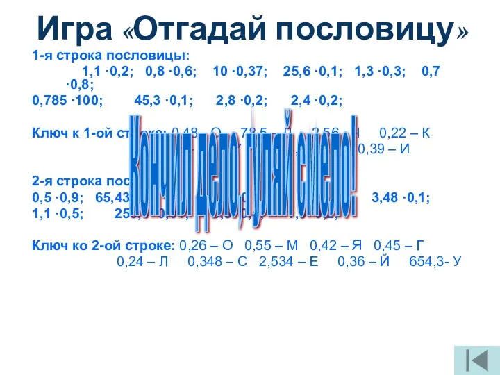 Игра «Отгадай пословицу» 1-я строка пословицы: 1,1 ·0,2; 0,8 ·0,6; 10 ·0,37; 25,6