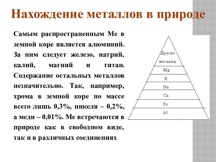 Самым распространенным Ме в земной коре является алюминий. За ним