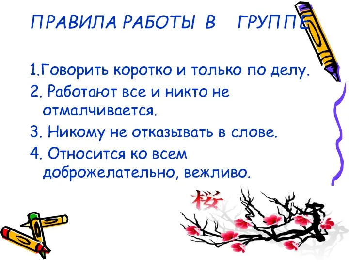 ПРАВИЛА РАБОТЫ В ГРУППЕ 1.Говорить коротко и только по делу.