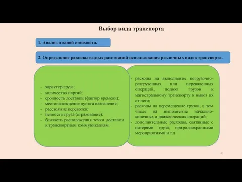 Выбор вида транспорта 1. Анализ полной стоимости. расходы на выполнение погрузочно-разгрузочных или перевалочных