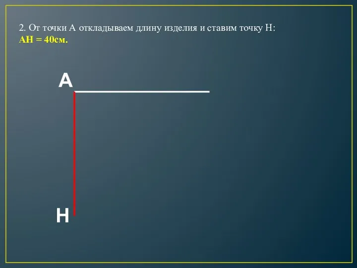 2. От точки А откладываем длину изделия и ставим точку Н: АН = 40см. А Н