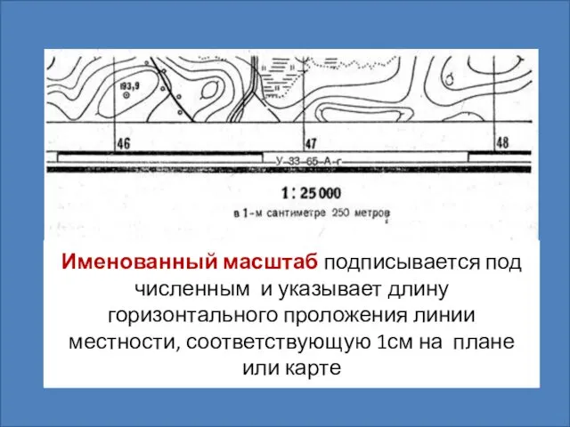 Именованный масштаб подписывается под численным и указывает длину горизонтального проложения линии местности, соответствующую