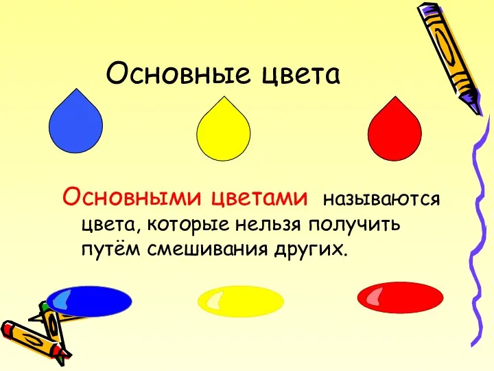 Основные цвета Основными цветами называются цвета, которые нельзя получить путём смешивания других.
