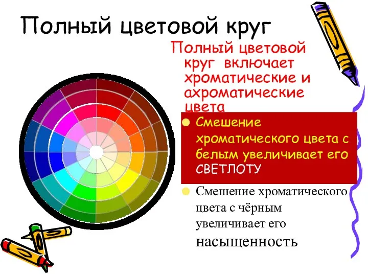 Полный цветовой круг Полный цветовой круг включает хроматические и ахроматические