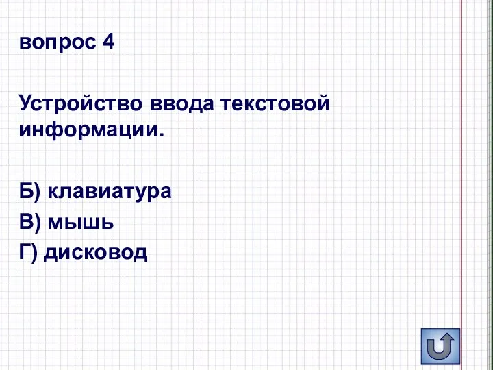 вопрос 4 Устройство ввода текстовой информации. Б) клавиатура В) мышь Г) дисковод