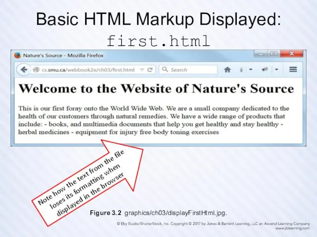 Basic HTML Markup Displayed: first.html Note how the text from