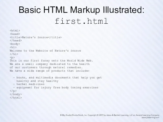 Basic HTML Markup Illustrated: first.html Nature's Source Welcome to the