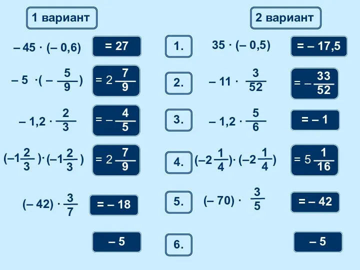 1 вариант 2 вариант 1. – 45 · (– 0,6) = 27 35
