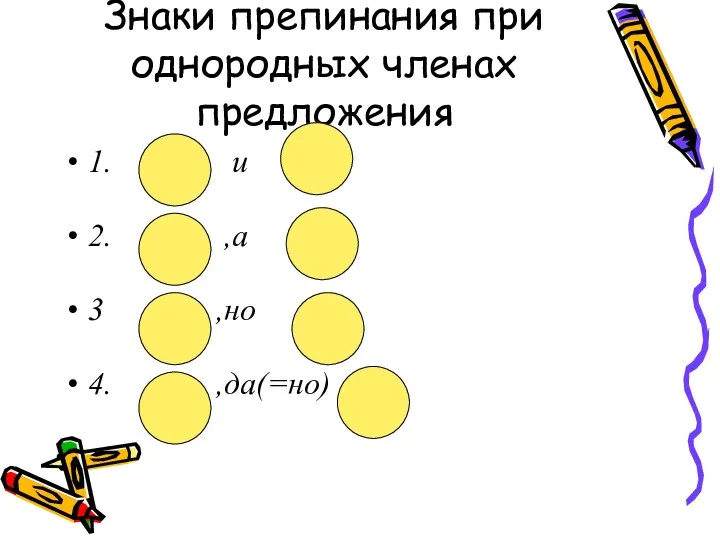 Знаки препинания при однородных членах предложения 1. и 2. ,а 3 ,но 4. ,да(=но)