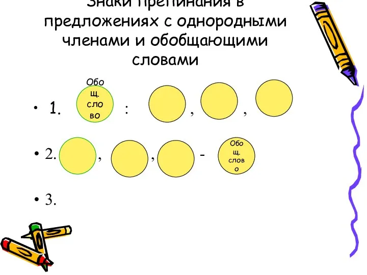 Знаки препинания в предложениях с однородными членами и обобщающими словами 1. : ,