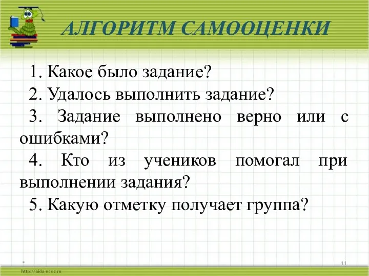 * АЛГОРИТМ САМООЦЕНКИ 1. Какое было задание? 2. Удалось выполнить