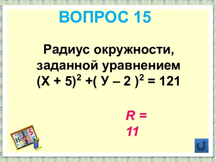 ВОПРОС 15 Радиус окружности, заданной уравнением (Х + 5)2 +(