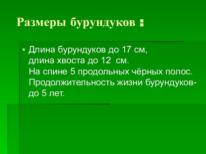 Размеры бурундуков : Длина бурундуков до 17 см, длина хвоста