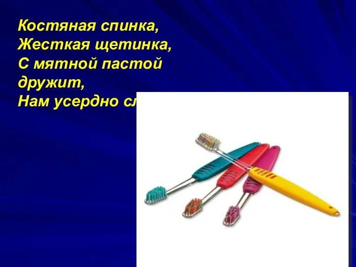 Костяная спинка, Жесткая щетинка, С мятной пастой дружит, Нам усердно служит.