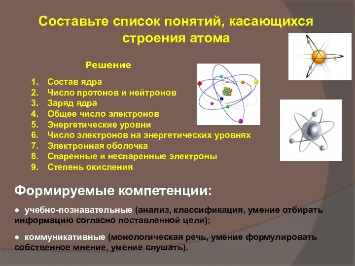 Составьте список понятий, касающихся строения атома Решение Состав ядра Число