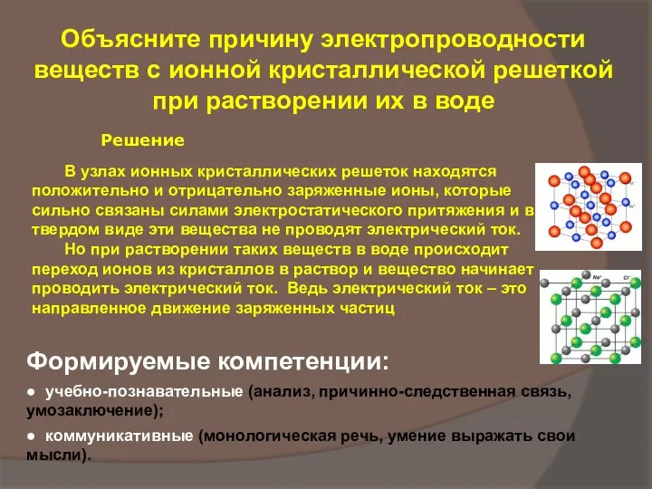 Объясните причину электропроводности веществ с ионной кристаллической решеткой при растворении