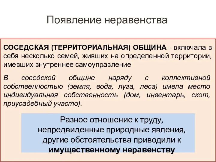 Появление неравенства СОСЕДСКАЯ (ТЕРРИТОРИАЛЬНАЯ) ОБЩИНА - включала в себя несколько