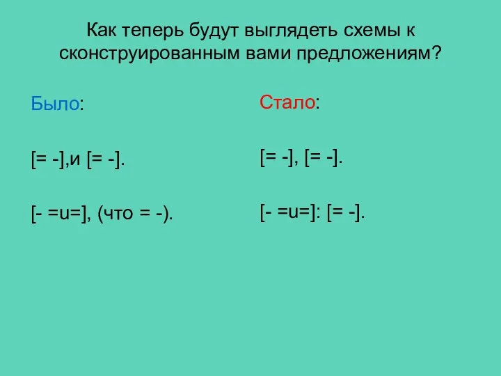 Как теперь будут выглядеть схемы к сконструированным вами предложениям? Было: