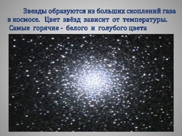 Звезды образуются из больших скоплений газа в космосе. Цвет звёзд