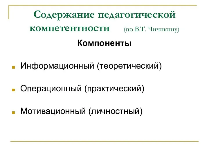 Содержание педагогической компетентности (по В.Т. Чичикину) Компоненты Информационный (теоретический) Операционный (практический) Мотивационный (личностный)