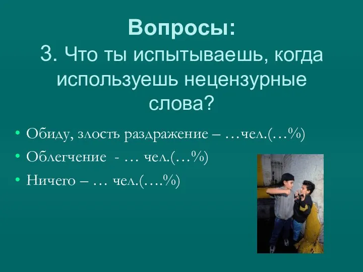 Вопросы: 3. Что ты испытываешь, когда используешь нецензурные слова? Обиду,