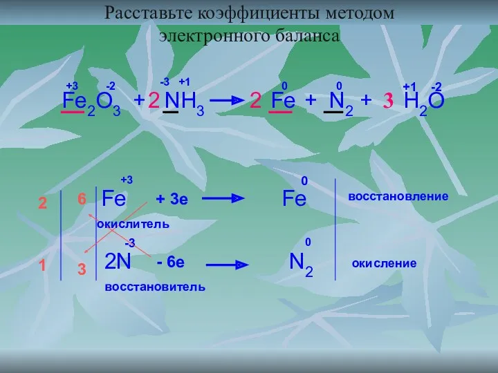 Расставьте коэффициенты методом электронного баланса Fe2O3 + NH3 Fe +