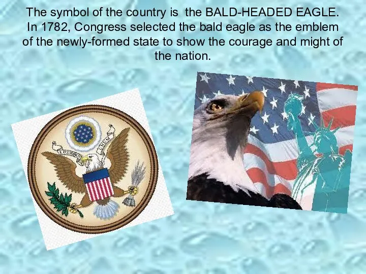 The symbol of the country is the BALD-HEADED EAGLE. In 1782, Congress selected