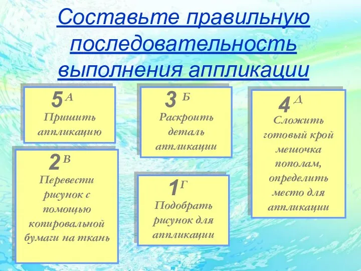 Составьте правильную последовательность выполнения аппликации Г Подобрать рисунок для аппликации